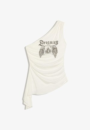 Bela asimetrična enoročna majica s črnim grafičnim motivom kril, gradskim grbom in napisom »Dreaming about my Gothic Castle« na sprednji strani.