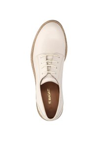 Weiße Leder Schnürschuhe mit runder Zehenform, beigem Nähen und strukturiertem Sohlenprofil. Das Innere bietet eine goldene Markenprägung und eine glatte Oberfläche.