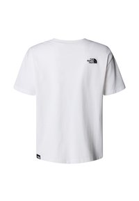 Bela bombažna majica s kratkimi rokavi, zaobljenim izrezom in majhnim črnim logotipom na zgornjem delu hrbta. Ima raven kroj in mehko teksturo.