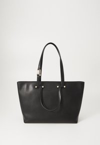 Borsa a tote nera in pelle con due manici allungati, texture liscia, bordi arrotondati e tre piccoli chiodi dorati sul davanti.