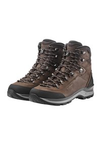 Scarponi da trekking marroni con upper in pelle texture, occhielli in metallo e suole in gomma grigia a contrasto. Progettati per durabilità e aderenza.