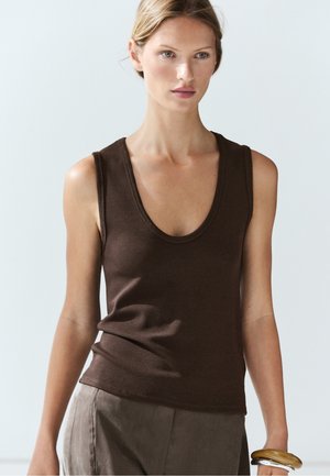 Massimo Dutti, COTTON BLEND V-NECK TOP - Top - mottled dark brown