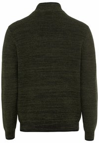 Pull tricoté vert foncé avec un col côtelé haut et des manches longues, vu de dos.