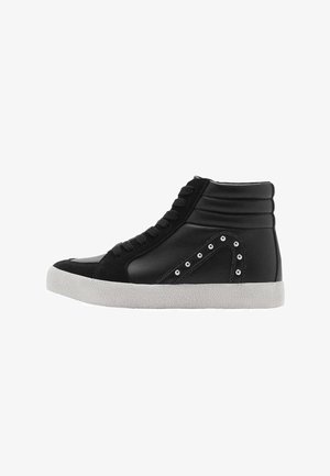 Black high-top sneakers made of synthetic materials with lace-up front, white rubber sole, and decorative silver studs on the sides.