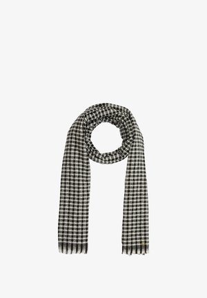 Sciarpa a scacchi bianca e nera, tessuto morbido, forma rettangolare, bordi frangiati e un piccolo etichetta del marchio su un'estremità.