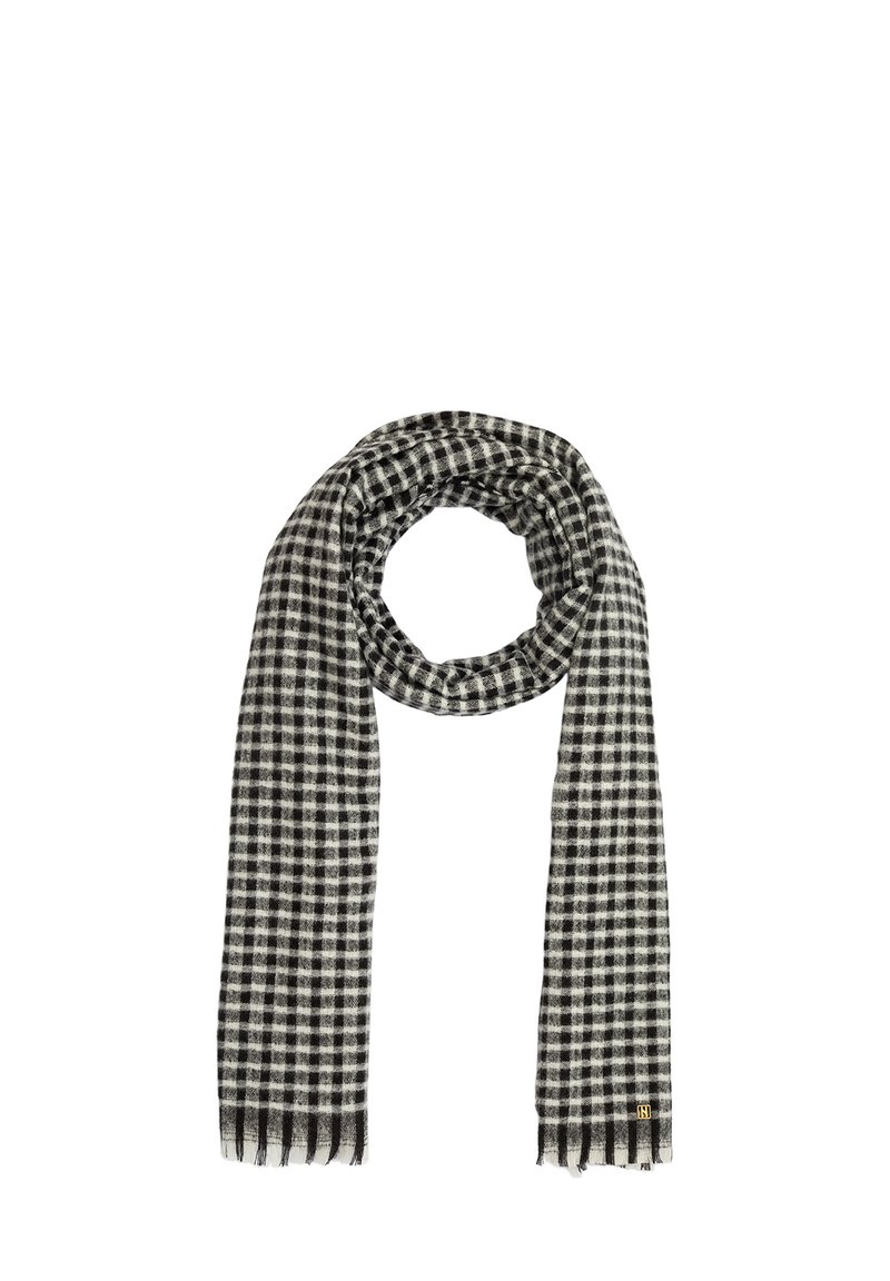 Sort og hvid ternet tørklæde, blødt stof, rektangulær form, frynser i kanterne, og en lille mærketag i den ene ende.