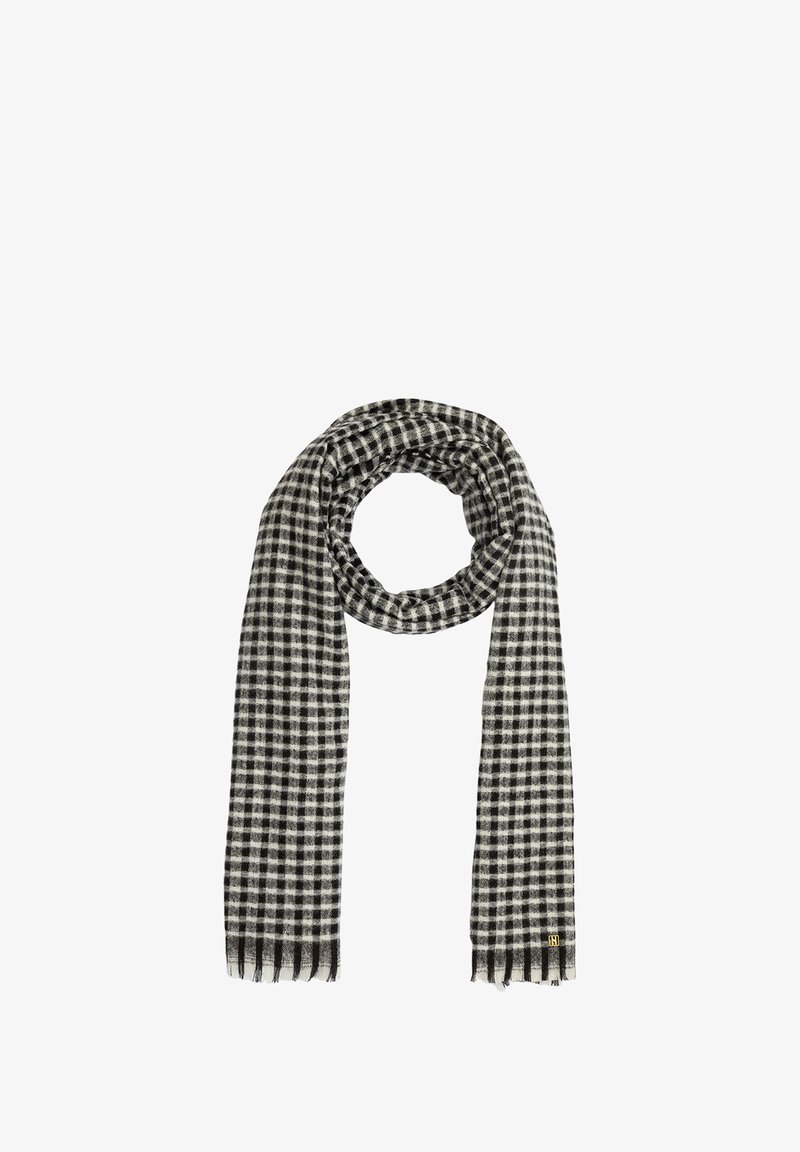 Zwart-wit geblokte sjaal, zachte stof, rechthoekige vorm, franjes aan de randen en een klein merklabel aan het ene uiteinde.