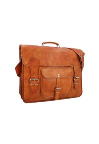 Braune Leder-Umhängetasche mit strukturiertem Design, silberner Hardware, mehreren Taschen und verstellbarem Schulterriemen.