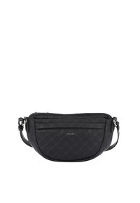 Borsa a tracolla nera con una forma curva, realizzata in tessuto testurizzato con un motivo sottile. Due scomparti con zip e una tracolla.