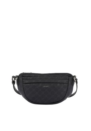 Borsa a tracolla nera con una forma curva, realizzata in tessuto testurizzato con un motivo sottile. Due scomparti con zip e una tracolla.