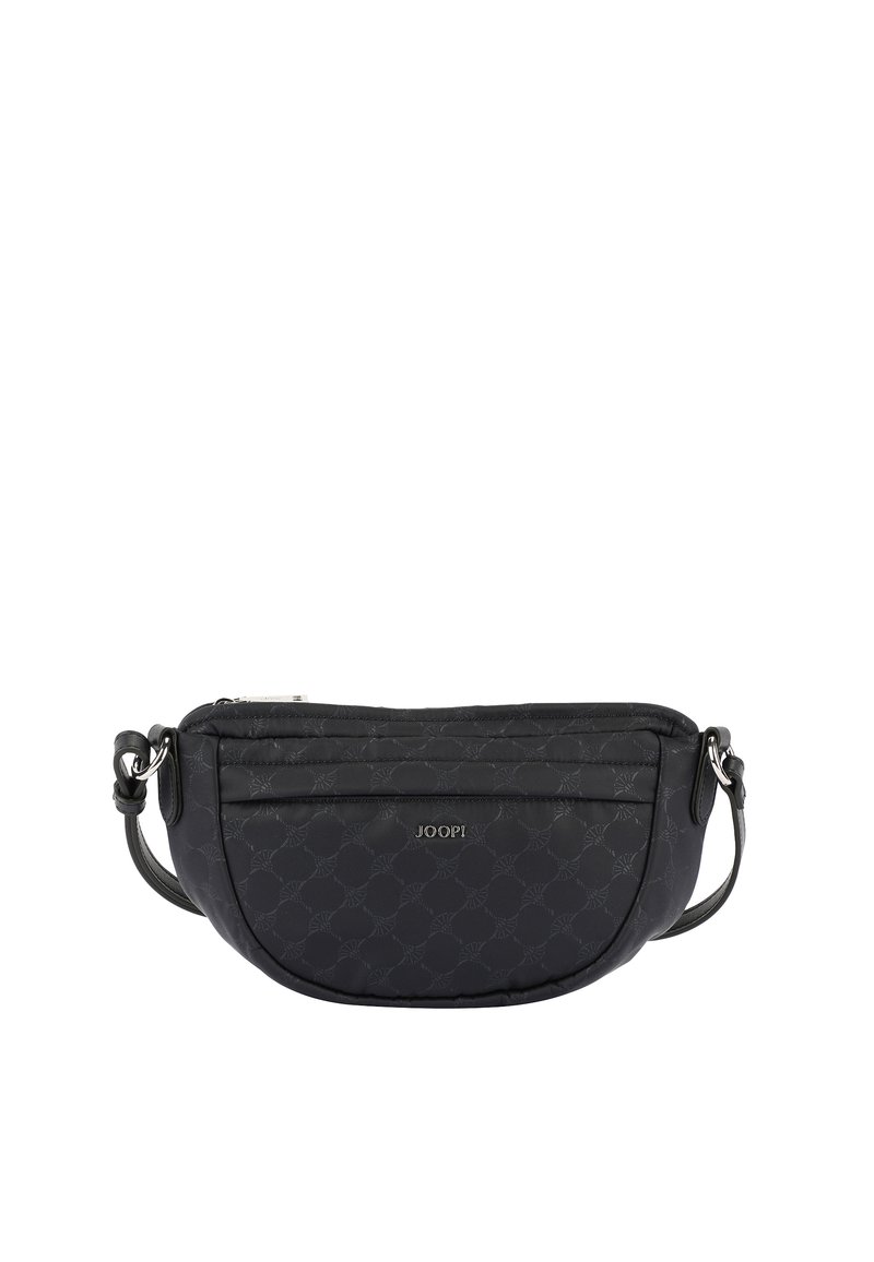 Borsa a tracolla nera con una forma curva, realizzata in tessuto testurizzato con un motivo sottile. Due scomparti con zip e una tracolla.
