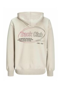 Beige hoodie with "Track Club" text and motivational phrases printed on the back in red and black, including the year 1990 and a small star symbol.