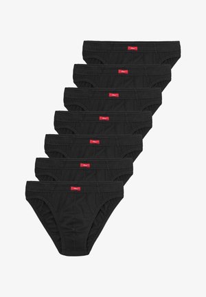 Schwarze Baumwollunterhosen mit elastischem Bund, versehen mit einem roten Logo-Tag. Das Paket enthält mehrere Paare mit einer glatten Textur und ohne zusätzliche Muster.