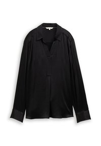 Chemise noire à manches longues en tissu lisse avec un col, une découpe en V à l'avant et des poignets larges. Design minimaliste et coupe décontractée.