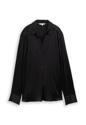 Zwarte blouse met lange mouwen van gladde stof, met een kraag, een V-vormige uitsnijding aan de voorkant en brede manchetten. Minimalistisch ontwerp en losse pasvorm.