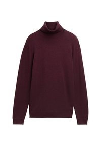 Burgundowa sweter z golfem, wykonany z miękkiego materiału dzianinowego, z długimi rękawami i luźnym krojem. Zawiera szczegóły w ribby na kołnierzu i hemie.