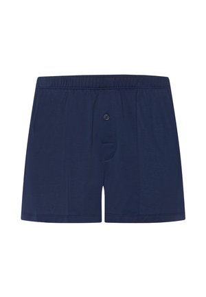 Granatowe bokserki męskie z elastycznym pasem i zapięciem na jeden guzik, prezentowane na białym tle.