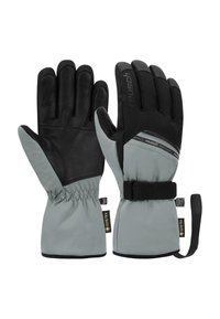 Guantes impermeables con un exterior de softshell gris y palma de cuero negra. Incluyen puños elásticos, correa ajustable en la muñeca y etiqueta Gore-Tex.
