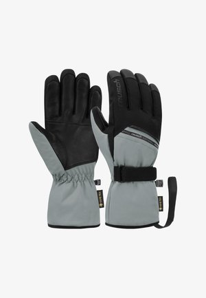 Gants imperméables avec un extérieur en softshell gris et une paume en cuir noir. Comprend des poignets élastiques, une sangle réglable au poignet et un label Gore-Tex.