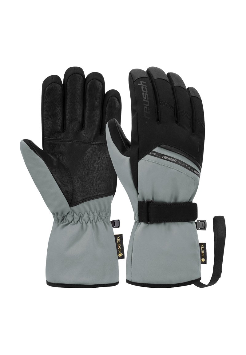 Guantes impermeables con un exterior de softshell gris y palma de cuero negra. Incluyen puños elásticos, correa ajustable en la muñeca y etiqueta Gore-Tex.