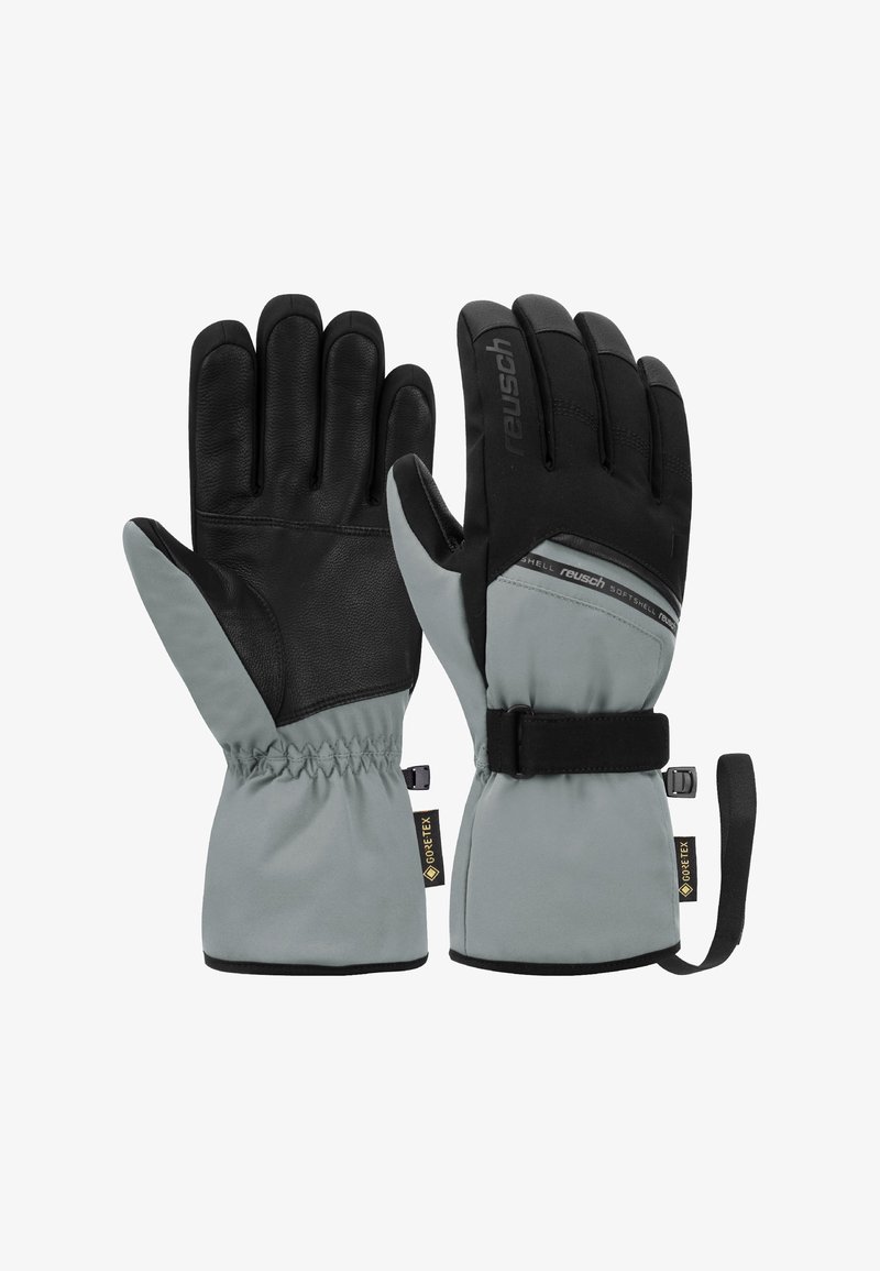 Guanti impermeabili con esterno in softshell grigio e palmo in pelle nera. Presentano polsi elastici, cinturino regolabile al polso e etichetta Gore-Tex.