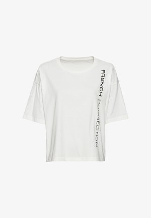 Weißes kurzärmliges, cropped T-Shirt aus Baumwolle mit rundem Ausschnitt. Der Text "FRENCH CONNECTION" ist vertikal in Schwarz auf der linken Seite aufgedruckt.
