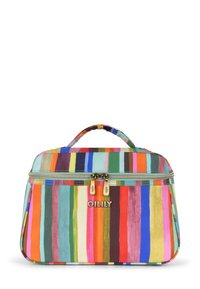 Rechthoekige cosmeticatas van stof met kleurrijke verticale strepen. Bevat een handvat aan de bovenkant en een dubbele rits met gouden hardware.