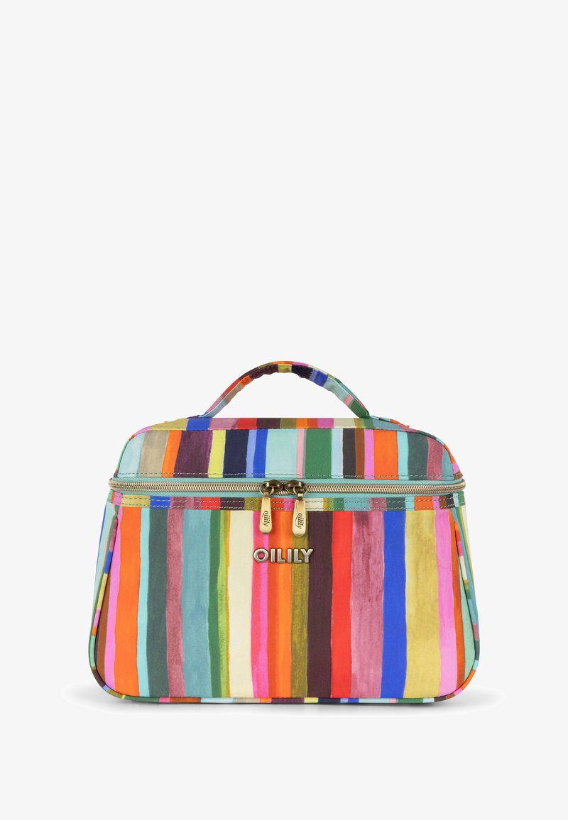 Rechthoekige cosmeticatas van stof met kleurrijke verticale strepen. Bevat een handvat aan de bovenkant en een dubbele rits met gouden hardware.