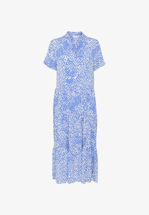 Blå og hvid mønstret kjole med korte ærmer, en bølget kant og krave. Fremstillet af let materiale.