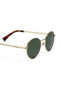 Gafas de sol con montura dorada, lentes verdes, forma redonda, almohadillas nasales transparentes y patillas con patrón de carey. Sin detalles de marca visibles.