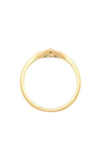 Guldring med en glat, skinnende overflade. Har en slank ring og dekorative detaljer i toppen, designet til et elegant udseende.