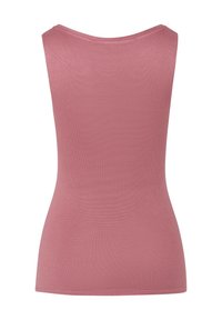 Pink ribbed tank top with a scoop neckline and slim fit, featuring a smooth texture and clean hem. Suitable for layering or casual wear.