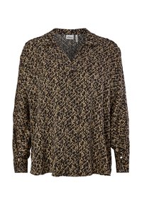 Blouse noire avec un motif géométrique crème, manches longues et col cranté. Tissu doux avec une coupe décontractée et poignets boutonnés.