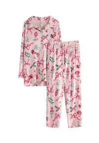 Rosa Pyjamahose bestehend aus einem langärmligen Hemd mit Knöpfen und einer Hose mit elastischem Bund, verziert mit festlichen Mustern von Bändern, Ornamenten und Grünpflanzen.