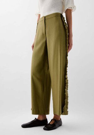 Olive green wide-leg pants with a high waist, featuring a ruffled seam down the sides. Made from a lightweight fabric with a smooth texture.