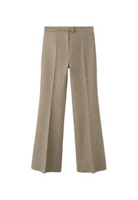 Pantalones de pierna ancha de patrón houndstooth en tonos beige y marrón, con pliegue frontal y detalles en la cintura.