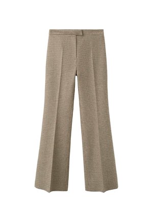 Pantalones de pierna ancha de patrón houndstooth en tonos beige y marrón, con pliegue frontal y detalles en la cintura.