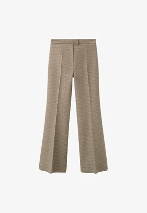 Pantalones de pierna ancha de patrón houndstooth en tonos beige y marrón, con pliegue frontal y detalles en la cintura.