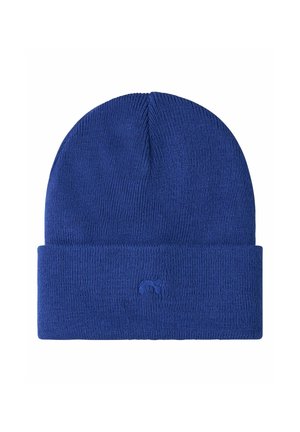 Blue knit beanie with a ribbed texture and folded cuff. Features a small, embroidered elephant logo on the front.