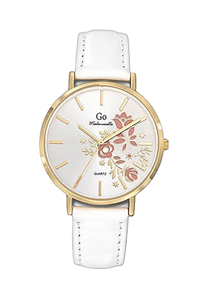 Montre ronde avec un cadran blanc, index d'heure dorés, motifs floraux en rose et vert, montée dans un boîtier doré, dotée d'un bracelet en cuir blanc.