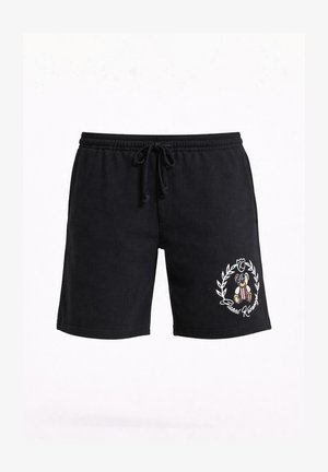 Zwarte casual korte broek met elastische tailleband en koord, met een klein geborduurd ontwerp van een teddybeer en een lauwerkrans op het linkerbeen.