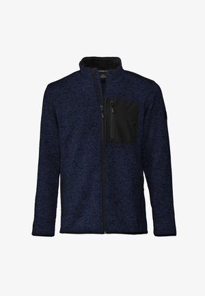 Navy-Fleecejacke mit durchgehendem Reißverschluss, einer schwarzen Brusttasche und Seitentaschen; strukturiertes Material mit einem dezenten Muster.