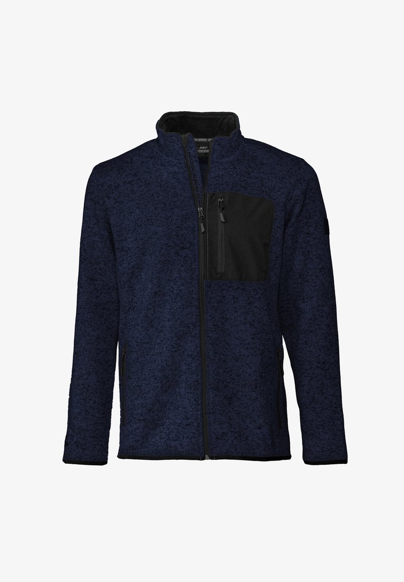 Navy-Fleecejacke mit durchgehendem Reißverschluss, einer schwarzen Brusttasche und Seitentaschen; strukturiertes Material mit einem dezenten Muster.