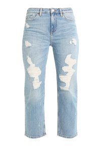 Jeans in denim azzurro chiaro con dettagli strappati, caratterizzati da grandi strappi e un design a gamba dritta, vita media e stile classico a cinque tasche.