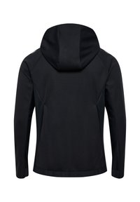 Zwarte lichtgewicht jas met een capuchon, naadloos ontwerp, gladde textuur en nauwsluitende mouwen. Geen zichtbare hardware of patronen.