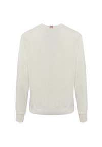 Felpa color crema con scollo rotondo, maniche lunghe, polsini e orlo a costine, e un piccolo logo sul collo sul retro.