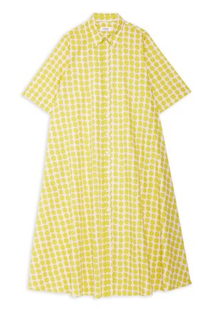 Vestido corto de manga corta con botones, amarillo con lunares, con cuello, falda acampanada y botones blancos en la parte delantera.