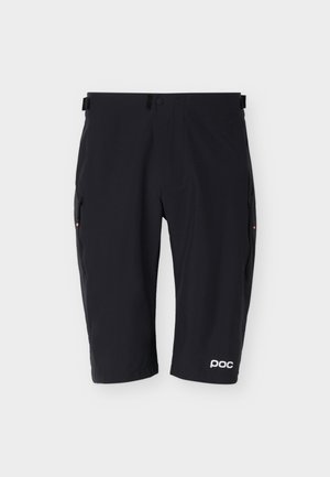 Svarte sykkelshorts til knelengde med glidelåslommer på sidene og POC-logo på nedre venstre ben.