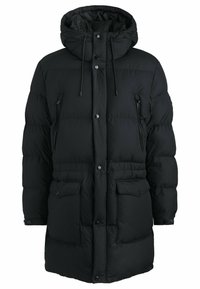 Black puffer jacket featuring a hood, front button and zipper closure, two large front pockets, and stitched panels for insulation.