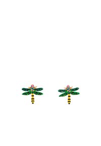 Pendientes de libélula con alas de esmalte verde y negro, cuerpo con rayas amarillas, acentos en rosa y azul, y herrajes de tono dorado.